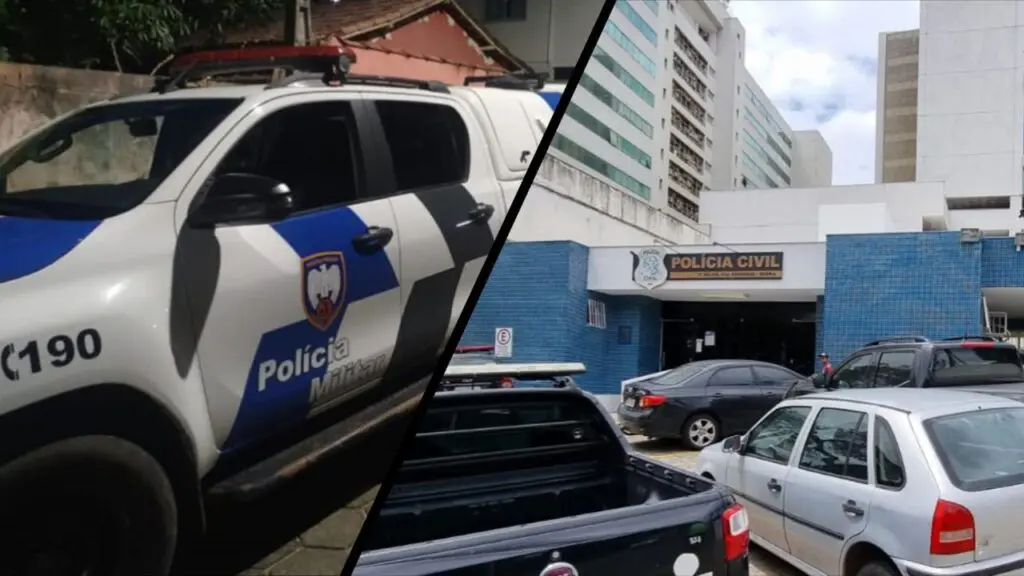 Polícia Militar frustra possível tentativa de homicídio no bairro Mestre Álvaro Arte com 2 imagens na primeira uma viatura da Policia Militar estacionada em um rua, e na segunda imagem a entrada da 3ª Delegacia Regional da Serra