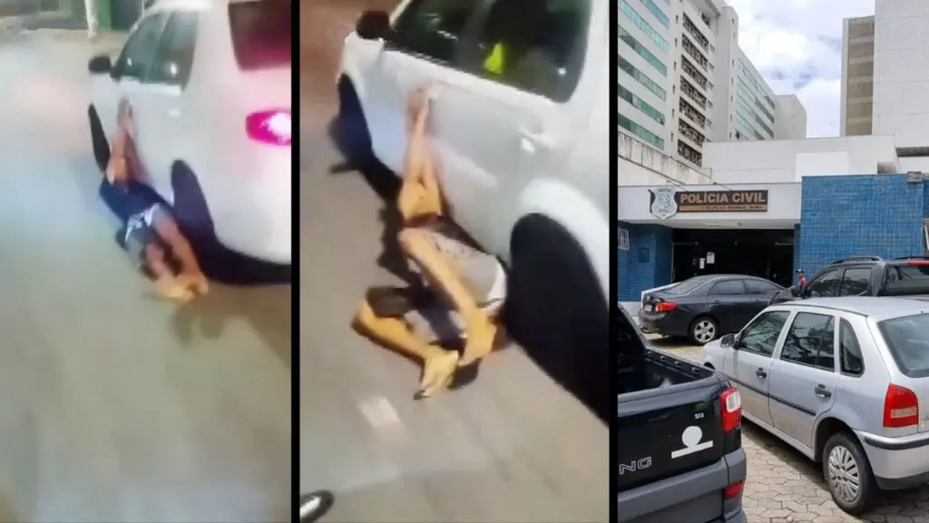 Sujeito é arrastado por carro após tentativa de assalto a motociclista de aplicativo na Serra Arte com 3 imagens, na primeira e segunda imagens, um homem sendo arrastado por um veículo, e na terceira imagem a entrada da 3ª Delegacia Regional de Vitória.