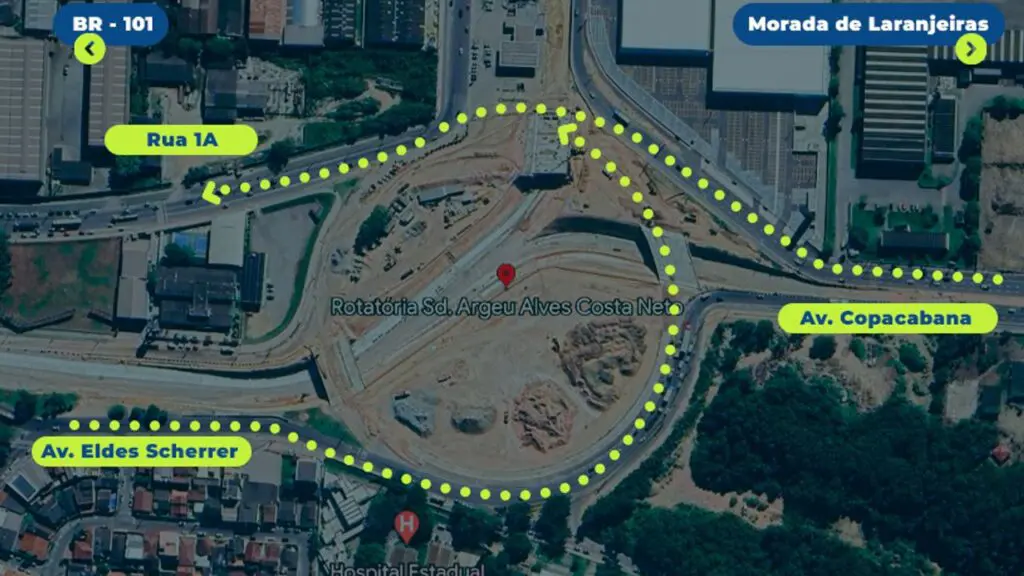 Vista aérea da Rotatória do Ó, com uma arte mostrando a nova alteração do fluxo do transito na região