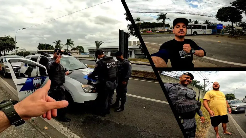 Corrente do Bem: Moto furtada é encontrada em menos de uma hora na Serra Arte com 3 imagens na primeira imagem em uma via movimentada, uma viatura, estacionada com dois militares encostada realizando a ocorrência, na segunda o agente da GCM Chabudé, e na terceira imagem um soldado da PM com a vítima do furto ao lado