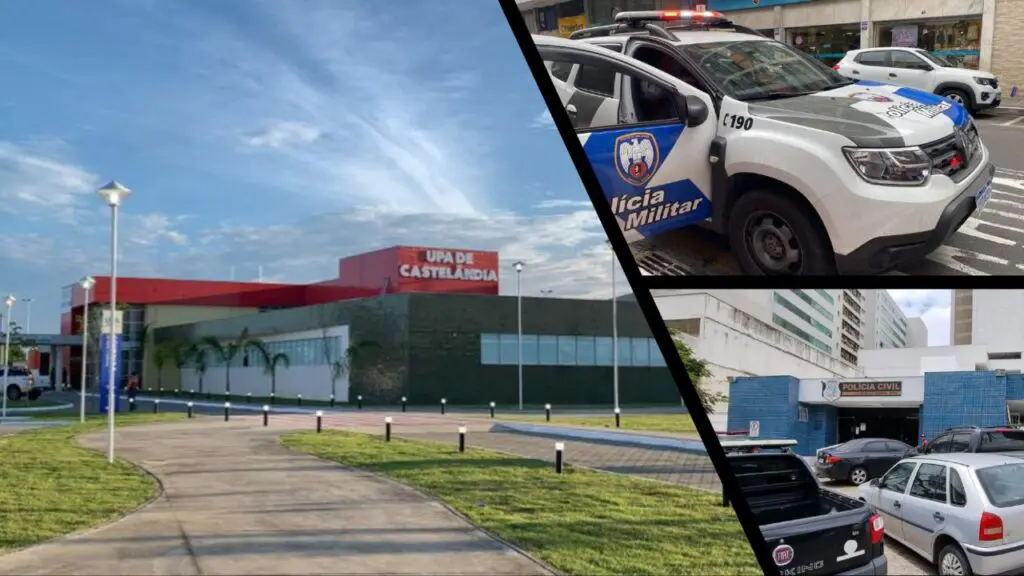 Confusão na UPA da Serra termina com duas pessoas detidas após descoberta de mandado de prisão em aberto Arte com 3 imagens, na primeira imagem a vista panorâmica da UPA Castelândia, na segunda imagem uma viatura da Polícia Militar estaciona em uma rua com uma das portas abertas e na terceira imagem a entrada da 3ª Delegacia Regional situada na Serra.