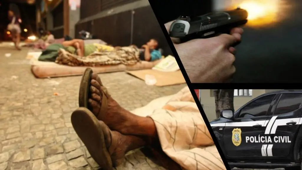 Mulher é baleada em região conhecido pelo intenso tráfico de drogas na Serra Arte com três imagens, na primeira imagem pessoas em situação de rua deitados no chão de uma rua, na segunda imagem um homem disparando uma pistola e na terceira imagem uma viatura da Polícia Civil
