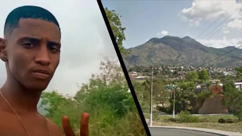 Mãe desesperada pede ajuda para encontrar o filho desaparecido no bairro Planalto Serrano Arte com 2 imagens, na primeira um jovem perto de uma arvore fazendo o sinal de vitória com os dedos, na segunda imagem a imagem de planalto Serrano Bloco C.