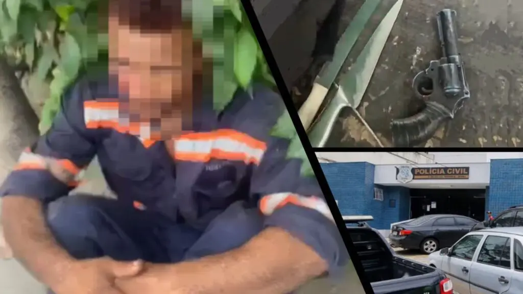 Vídeo: assaltante com arma falsa leva sacode de populares revoltados em Colina de Laranjeiras Arte com três imagens, na primeira imagem um homem sentado no chão de braços cruzados, na segunda imagem sobre uma mesa de madeira duas facas uma mochila e um revólver de brinquedo e na terceira imagem a entrada da sede da 3ª Delegacia Regional situada na Serra.