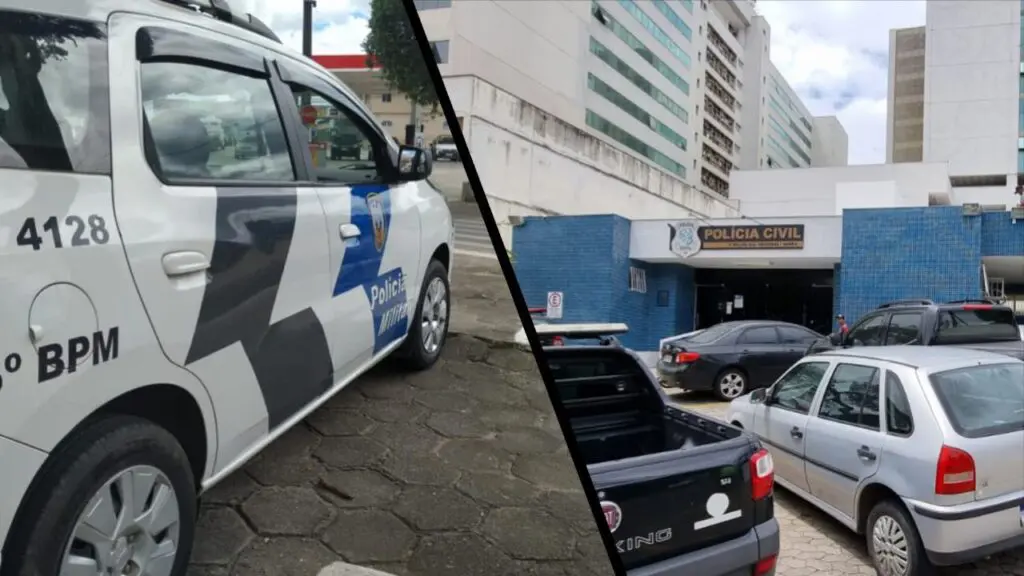 Polícia Militar prende sujeito armado vacilando na pista após denúncias anônimas na Serra Arte 2 na primeira imagem uma viatura da Polícia Militar estacionadas e na segunda a entrada da 3ª Delegacia Regional da Serra.