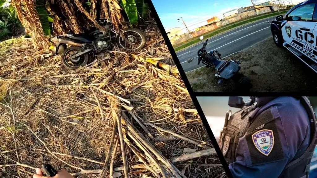 Parceria Forte: Guarda da Serra recupera motocicleta furtada em região de mata em Feu Rosa Arte com três imagens, na primeira imagem, uma motocicleta em um terreno abandonado encostada em uma bananeira, na segunda imagem a motocicleta ao lado de uma viatura da Guarda Civil Municipal da Serra e na terceira imagem um agente da Guarda da Serra de lado com o foco da imagem em seus braços onde há o emblema da Guarda bordado.