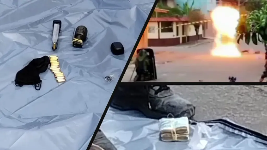 Jovens morrem baleados enquanto andavam de bicicleta em Vila Velha Arte com três imagens, na primeira imagem de um soldado do Batalhão de Missões Especiais da Polícia Militar, atras de um escudo enquanto uma granada explode a alguns metros de distância, na segunda imagem sobre uma lona uma granada e munições de arma de fogo, e na terceira imagem dois agentes da Guarda de Vila Velha, de costas.