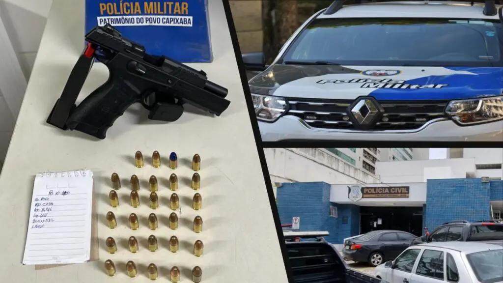 Polícia Militar prende sujeito apontado como um dos gerentes do tráfico na Serra Arte com três imagens, na primeira imagem sobre uma mesa uma pistola 9mm, 29 munições, dois carregadores, e uma caderneta, na segunda imagem uma viatura da PM, e na terceira imagem a entrada da terceira Delegacia Regional da Serra.