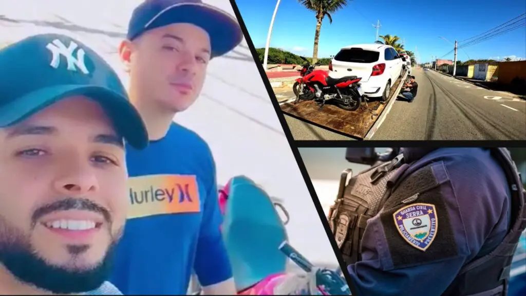 Vídeo: Agentes da Guarda da Serra recuperam 2 veículos após denúncias feitas por seguidores em suas redes sociais Arte com três imagens, na primeira imagem, dois agentes da Guarda da Serra ao lado de uma motocicleta recuperada na segunda imagem uma motocicleta e um automóvel sendo guinchados uma motocicleta estacionada com o guidão torto amassado, e na terceira imagem a foto focalizando um agente da guarda dando ênfase no emblema da Guarda da Serra.