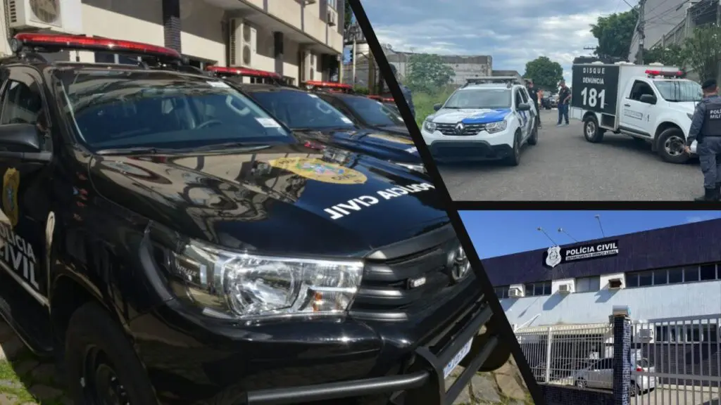 Corpo de adolescente é encontrado com marcas de tiros no rosto e na mão na Serra Arte com três imagens, na primeira imagem, 3 viaturas da Polícia Civil, estacionadas em frente à Delegacia na segunda imagem viaturas da Polícia Militar estacionadas ao lado de um terreno junto com um veículo da Polícia Civil que serve para transportar corpos para o Departamento Médico Legal de Vitória (DML) e na terceira imagem a sede do Departamento Médico Legal de Vitória (DML).