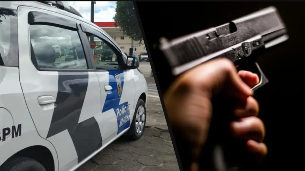 Polícia Militar socorre adolescente baleado por atiradores em praça da Serra Arte com duas fotos na primeira uma viatura da Policia Militar estacionada em uma rua, e na segunda imagem um homem segundo uma pistola.