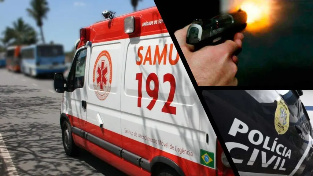 Pedestres são baleados em plena luz do dia durante ataque criminoso em Vila Velha Arte com três imagens na primeira uma ambulância do SAMU em uma avenida a beira mar, na segunda imagem um homem segurando uma pistola, e dando um tiro, e na terceira a lateral de uma viatura da Polícia Civil