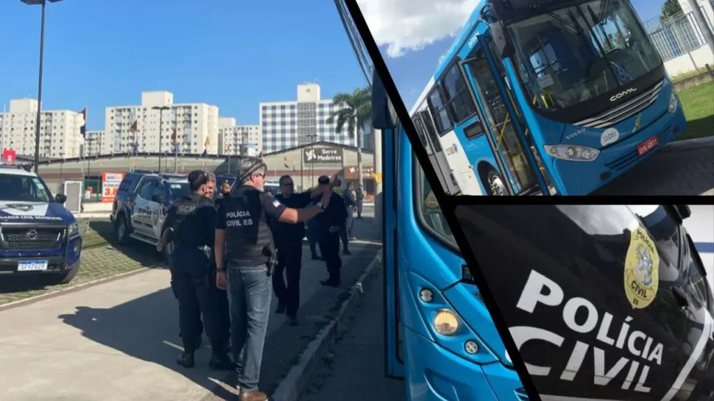 Arte com três imagens, na primeira imagem agentes da Polícia Civil e agentes da Guarda da Serra, realizando buscas em ônibus, na segunda imagem um ônibus estacionado, e na terceira imagem uma viatura da Policia Civil.