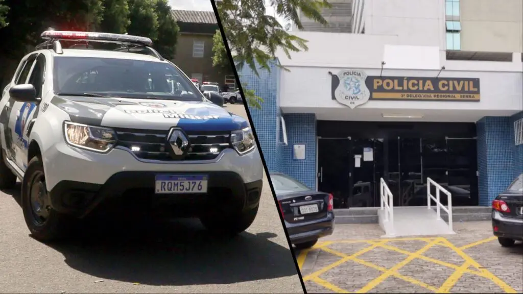 Prende 3 e leve 4: Polícia Militar encontra traficantes vacilando na pista na Serra Arte com 2 imagens na primeira uma viatura da PM, e na segunda foto a entrada da sede da 3ª Delegacia situada na Serra