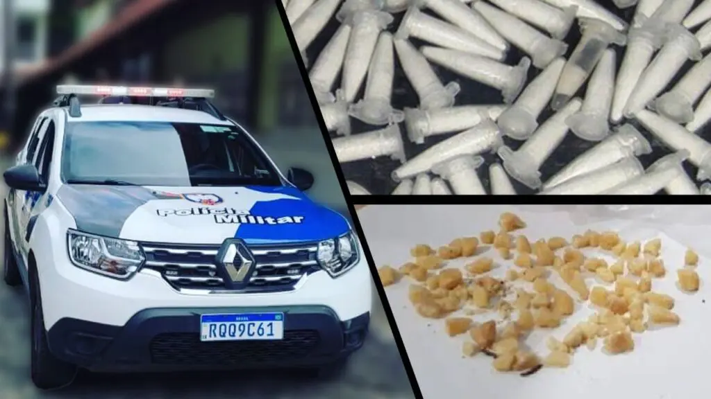 Polícia Militar arrocha biqueira e apreende mais de 250 pedras de crack na Serra Arte com três imagens, na primeira imagem uma viatura da PM estacionada em um patio, na segunda imagem pinos de cocaína sobre uma mesa e na terceira imagem pedras de crack