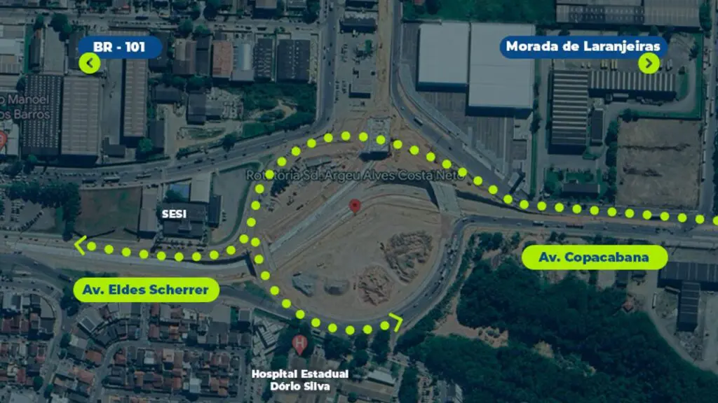 Prefeitura da Serra anuncia data de entrega do Viaduto Superior da obra da Rotatória do Ó Foto aérea da rotatória do O artes indicando a nova direção do transito na região.
