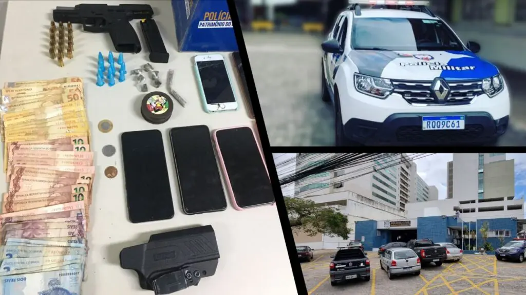 Polícia Militar prende traficante armado vacilando na pista em Jardim Bela Vista Arte com três imagens na primeira sobre a mesa uma pistola calibre 9mm, 6 celulares, um dichavador, 11 pinos de cocaína, 7 buchas de maconha, um carregador, 16 munições além de R$ 453,55 em espécie, na segunda foto uma viatura da PM estacionada em um patio, e na terceira imagem a foto da entrada da 3ª Delegacia Regional da Serra.