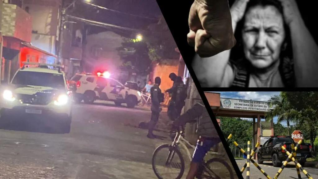 Polícia Militar prende sujeito que agrediu a própria mãe na Serra Arte com três imagens na primeira imagem uma rua residencial com 2 viaturas da PM, com as sirenes ligadas, estacionadas em frente a uma residencia, na segunda imagem a simulação de uma agressão a idoso, na imagem uma mulher idosa com as mãos na cabeça, e um punho fechado de um homem, e na terceira iamgem a entrada da sede do presidio de Viana.