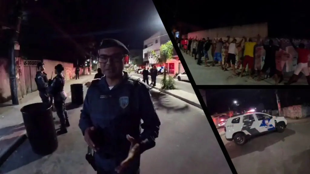 Vídeo: evento clandestino é encerrado pela PM após denúncias de moradores na Serra Arte com três imagens, na primeira imagem o Sargento da PM Mauricio Sousa em uma rua movimentada com algumas viaturas da PM, na segunda imagem dezenas de pessoas encostadas em um muro, onde serão abordados e revistados e na terceira imagem uma viatura parada em cima de uma faixa de pedestre.