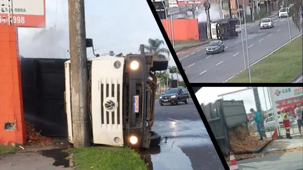 Arte com três imagens, na primeira imagem uma carreta tombada em uma avenida, batida em um poste bem na área do para-brisa, na segunda imagem foto de uma câmera de segurança distante mostrando a carreta, e na terceira imagem da caçamba do veículo com os materiais que estavam dentro do compartimento de carga caídos na pista.