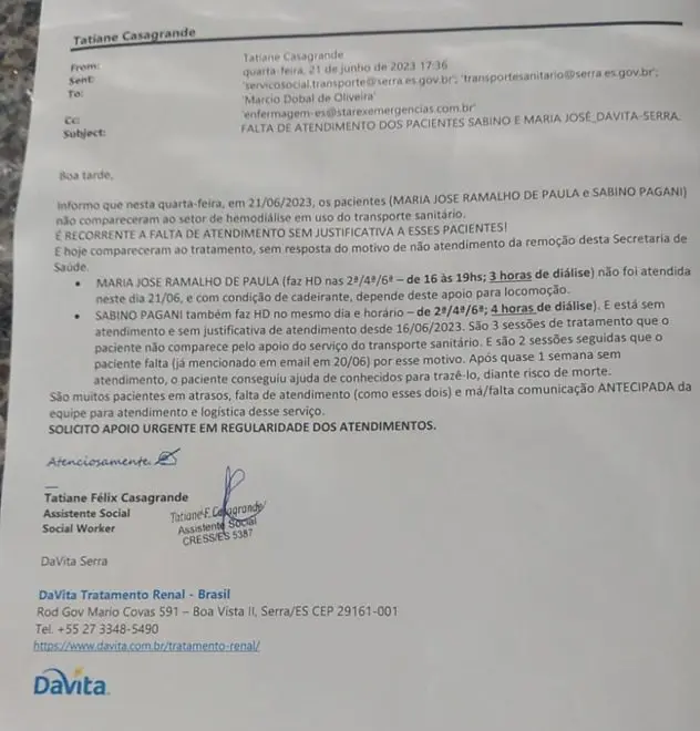 Documento médico atestando a falta de Dona Maria de Paulo à sessão de hemodiálise por atraso do transporte