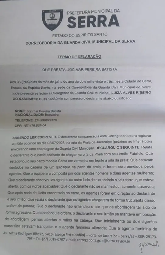 Papel mostrando o registro do ocorrido na corregedoria da GCM
