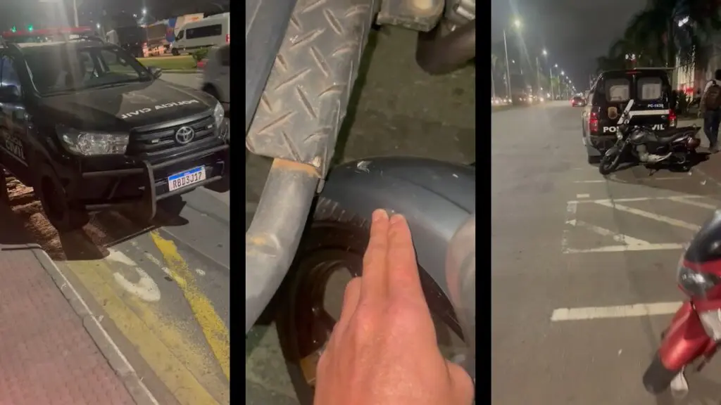 Vídeo: policial civil estaciona viatura de forma irregular e causa danos em moto de cidadão na Serra Montagem com imagens do vídeo mostrando a viatura chocando com a moto