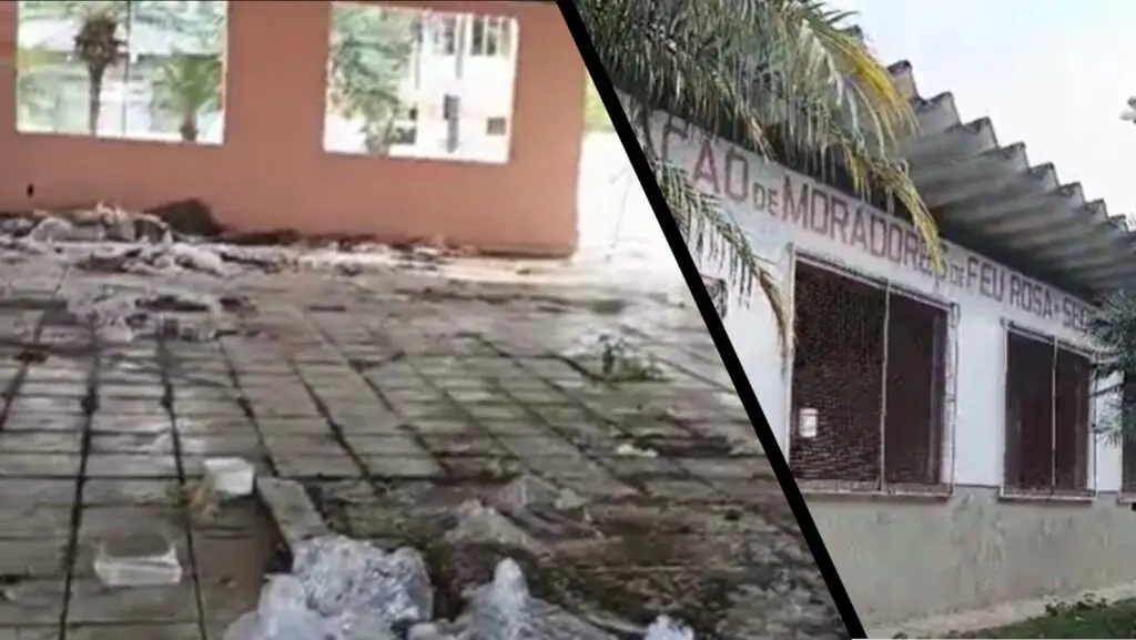Vídeo: centro comunitário de Feu Rosa vira abrigo para usuários de drogas após ser abandonado Montagem de imagens do centro comunitário