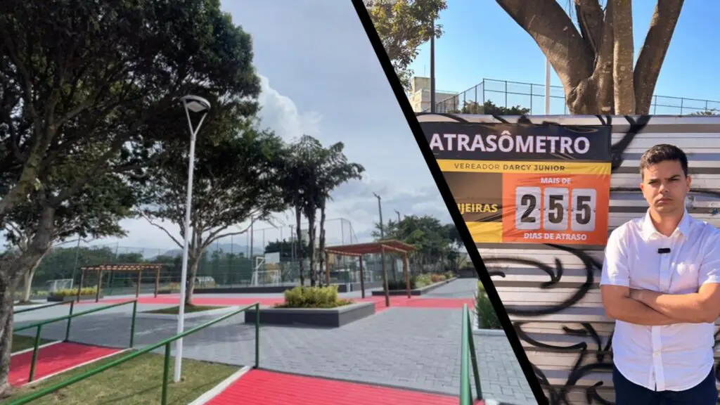 Praça de Colina de Laranjeiras e vereador Darcy Junior com placa do "atrasômetro"