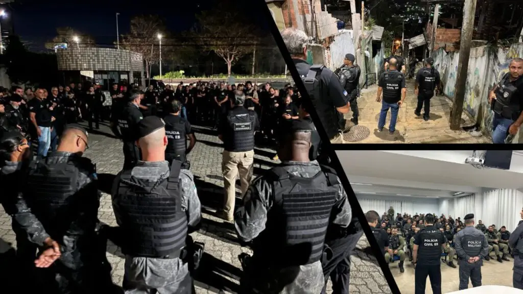 Redução Histórica: julho de 2023 registra o menor número de homicídios no ES Arte com 3 imagens, nas imagens Forças Militares realizando ações em bairros do ES.