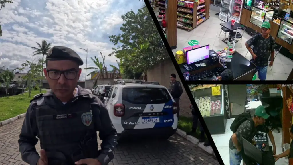Polícia Militar captura homem acusado de aterrorizar comerciantes da região de Jacaraípe Arte com 3 imagens na primeira o Sargento da 14ª Companhia Independente Sargento Mauricio, em uma rua tranquila da região de Terereco, ao fundo duas viaturas e 3 policiais militares, na segunda foto um homem com uma das mãos na cintura simulando estar armado, roubando uma loja de conveniência para assalto, e na terceira imagem um assaltante com uma mão no caixa de uma padaria realizando um assalto, enquanto a atendente está acuada.