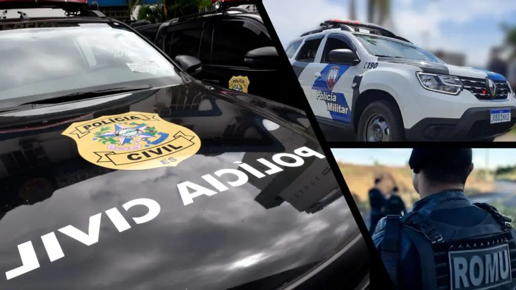 Serra registra nova redução histórica no número de homicídios em comparação a 2022 Arte com 3 imagens na primeira uma viatura da Polícia Civil, uma viatura da Policia Militar estacionada e na terceira imagem um agente da Guarda Civil Municipal ROMU.