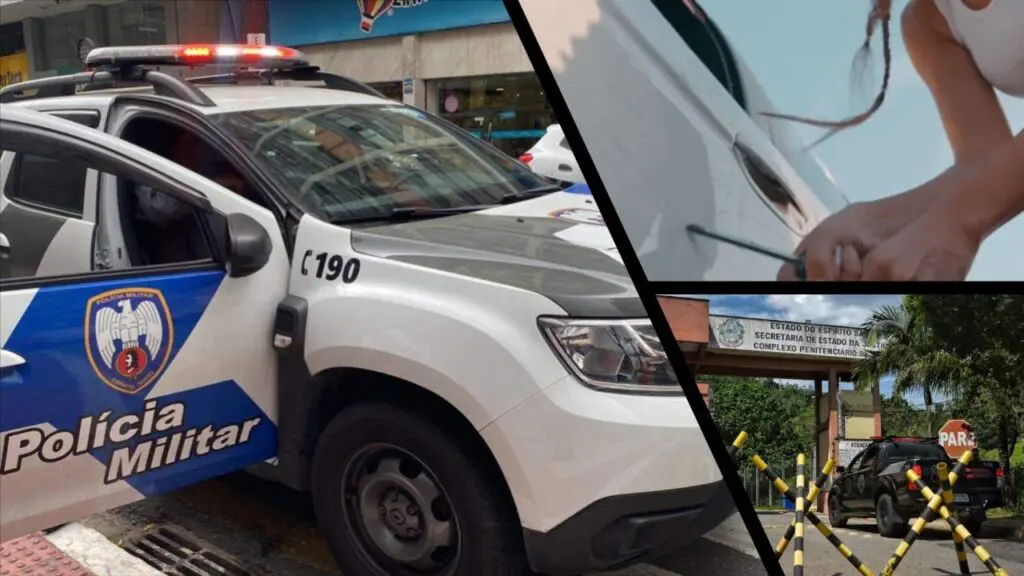 Mulher invade condomínio e detona carro do ex-namorado em Morada de Laranjeiras Arte com 3 imagens na primeira uma viatura da PM, na segunda imagem uma mulher arranhado a porta de um carro e na terceira imagem a entrada do presidio de Viana.