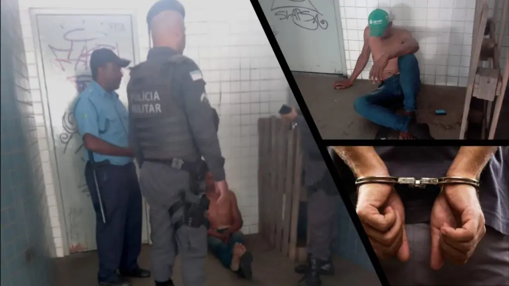 Vídeo: sujeito leva uma dura no Terminal de Laranjeiras após assaltar casal de idosos Arte com 3 imagens na primeira, um sujeito sentado no chão com dois policiais militares e um vigilante do Terminal de Laranjeiras ao seu lado, na segunda imagem do homem acusado de assaltar a idosa sentado escondendo o rosto com um bone, e na terceira imagem um homem algemado com as duas mãos para tras.