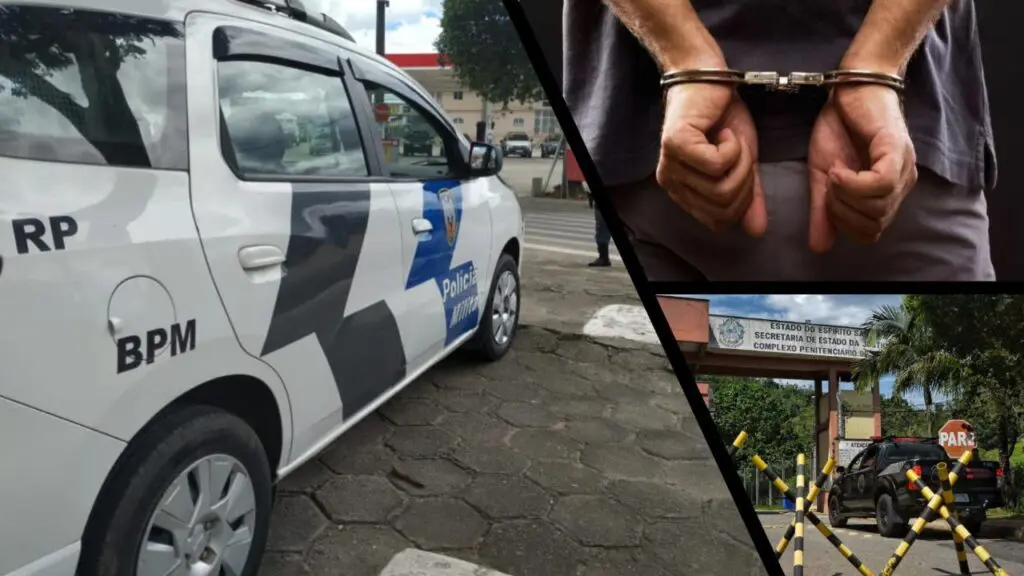 Sujeito se dá mal após assaltar loja de conveniência na Serra Arte com 3 imagens, na primeira imagem na viatura da PM, na segunda imagem um homem algemado com as duas mãos para trás, e na terceira imagem a entrada da sede do presidio de Viana para onde o sujeito foi levado após assaltar a loja de conveniencia.