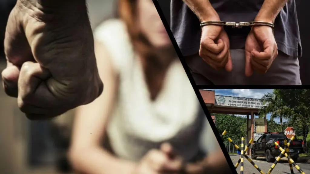 Homem é preso pela PM após agredir e ameaçar matar a própria companheira na Serra Arte com três, um homem com o punho fechado simulando uma agressão ao fundo desfocado uma mulher, na segunda imagem um homem com as mãos para tras algemado e na terceira imagem a entrada do presidio de Viana.
