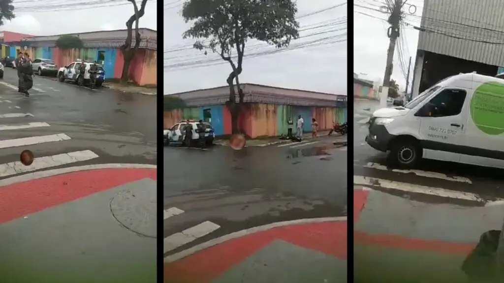Motociclista é esfaqueado após discussão de trânsito em Jardim Limoeiro Arte com 3 imagens, onde é possível ver um motociclista recebendo atendimento, após ser esfaqueado durante uma confusão de trânsito.