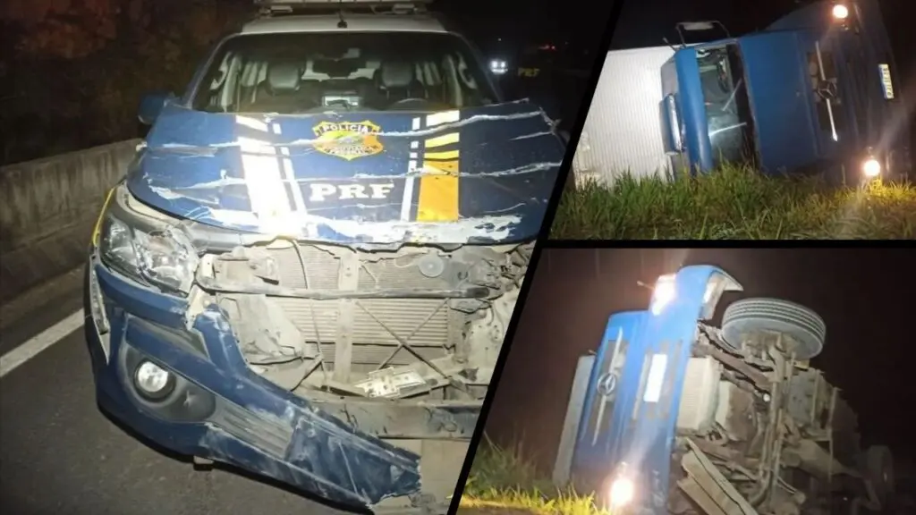 Motorista de caminhão roubado na Serra provoca acidente ao tentar escapar da PRF na BR-101 Caminhão roubado capota após a perseguição com a PRF