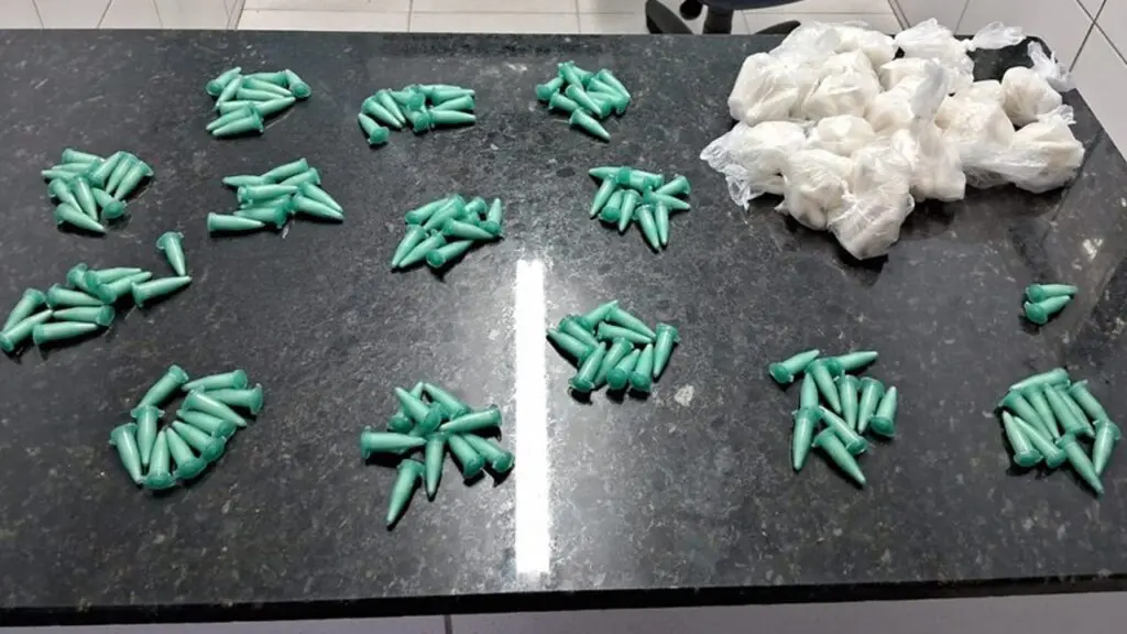 Policial Militar detona esconderijo do tráfico recheado de drogas e com animais na Serra Polícia Militar apresentando materiais apreendidos durante a ocorrência.