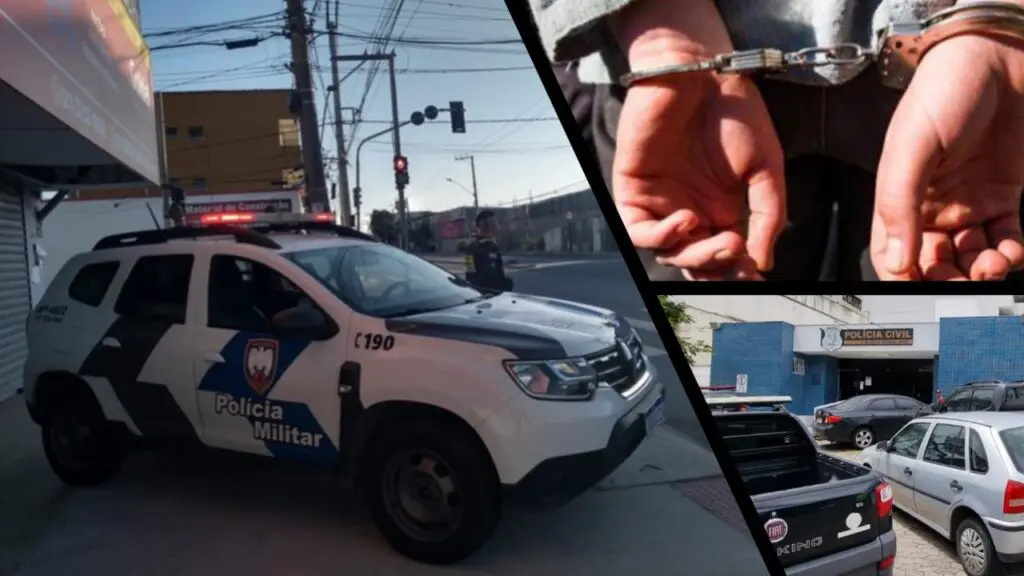 Coletanea de imagens com viatura da PM, um algemado e sede da delegacia regional da Serra