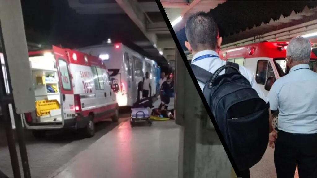 Homem é socorrido pelo SAMU após ser esfaqueado dentro de ônibus na Serra Imagens da ambulância do SAMU no Terminal Carapina ônibus na Serra
