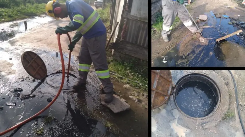 Equipe técnica da CESAN (Ambiental Serra) desobstruindo o poço em Central Carapina