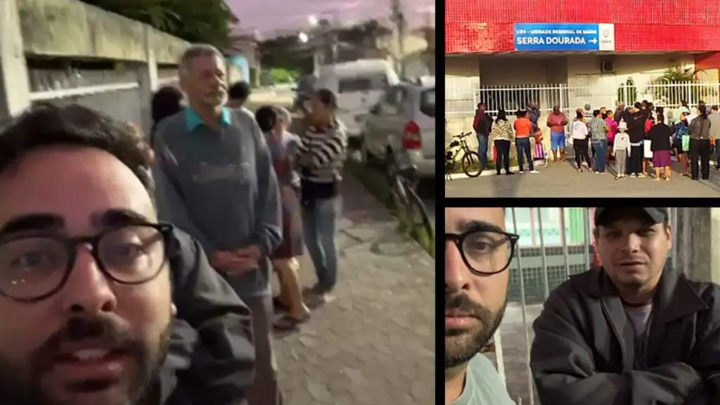 Imagens de moradores fazendo filas na porta da unidade de saúde na Serra