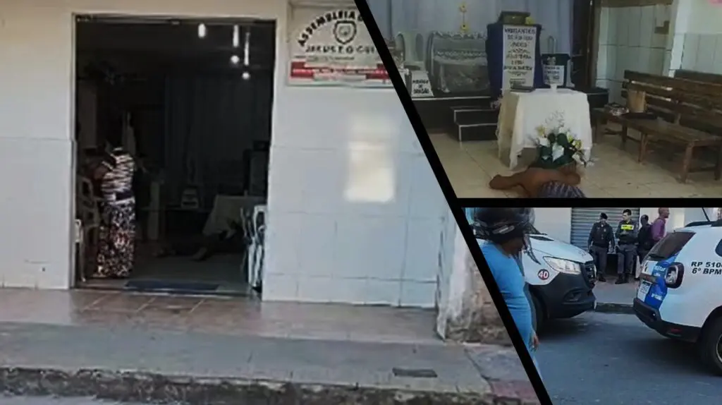 Homem baleado morre dentro de igreja durante culto em bairro da Serra mosaico com imagens da vítima dentro da igreja
