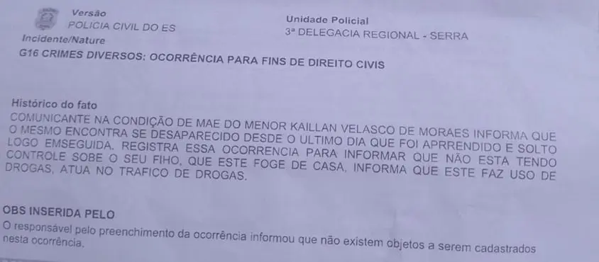 Bu do desaparecimento de Kaillan Velasco