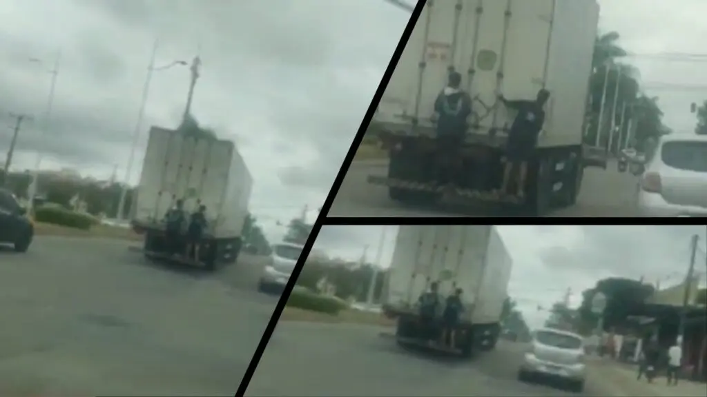 Vídeo: Jovens são flagrados pegando “ponga” em caminhão em plena avenida na Serra Vídeo: Jovens são flagrados pegando "ponga" em caminhão em plena avenida na Serra