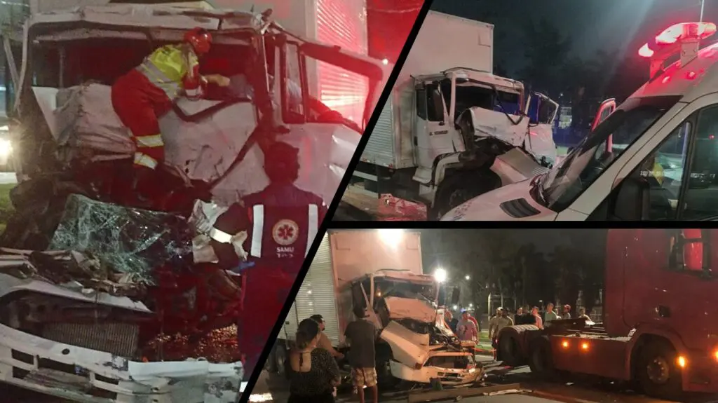 Acidente entre caminhões na Serra deixa um motorista ferido entre as ferragens na BR-101 Acidente entre caminhões na Serra deixa um motorista ferido entre as ferragens na BR-101