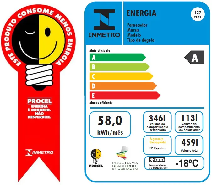 Divulgação de dicas da EDP: selo da Procel e tabela de eficiência energética.