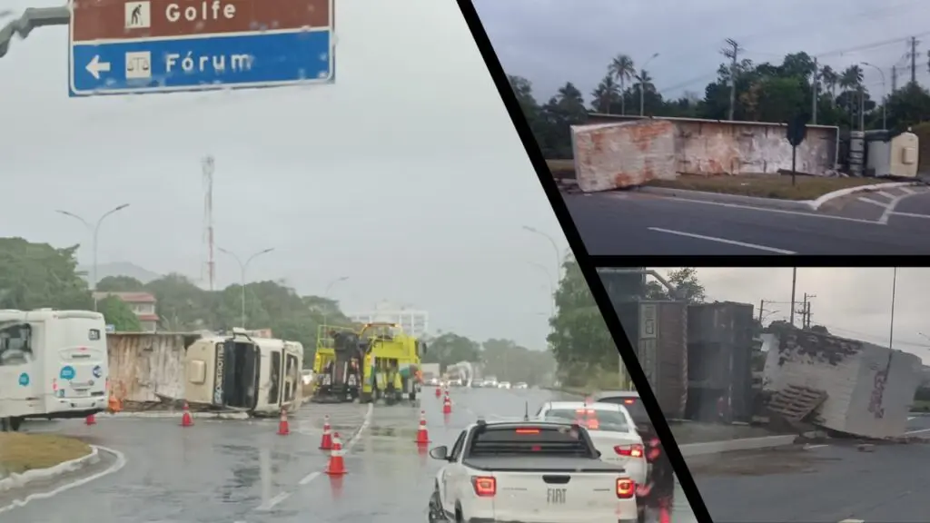 Carreta tomba com bloco de granito na BR-101 e chama a atenção de motoristas na Serra Carreta que transportava bloco de granito tomba na Serra.