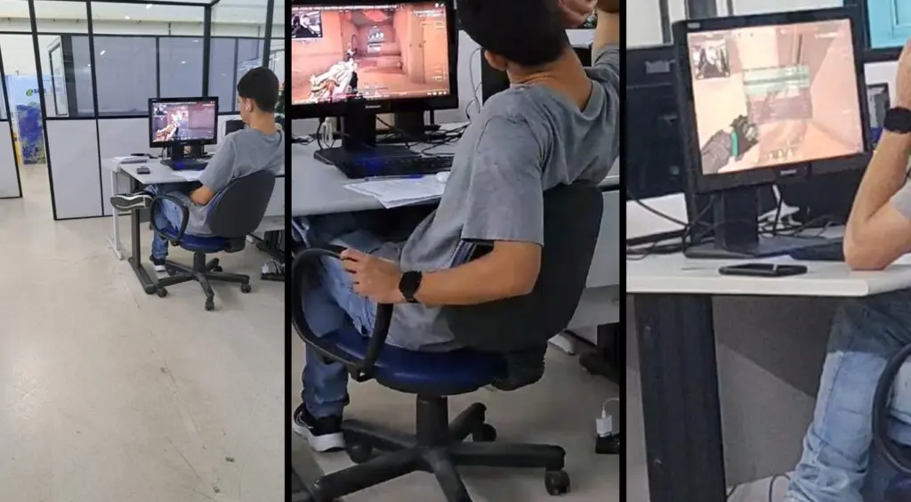 Imagens do funcionário assistindo gameplay na SETER